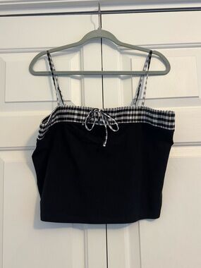 American Eagle Outfitters Black Cropped Cami with Black-and-White Gingham Trim
